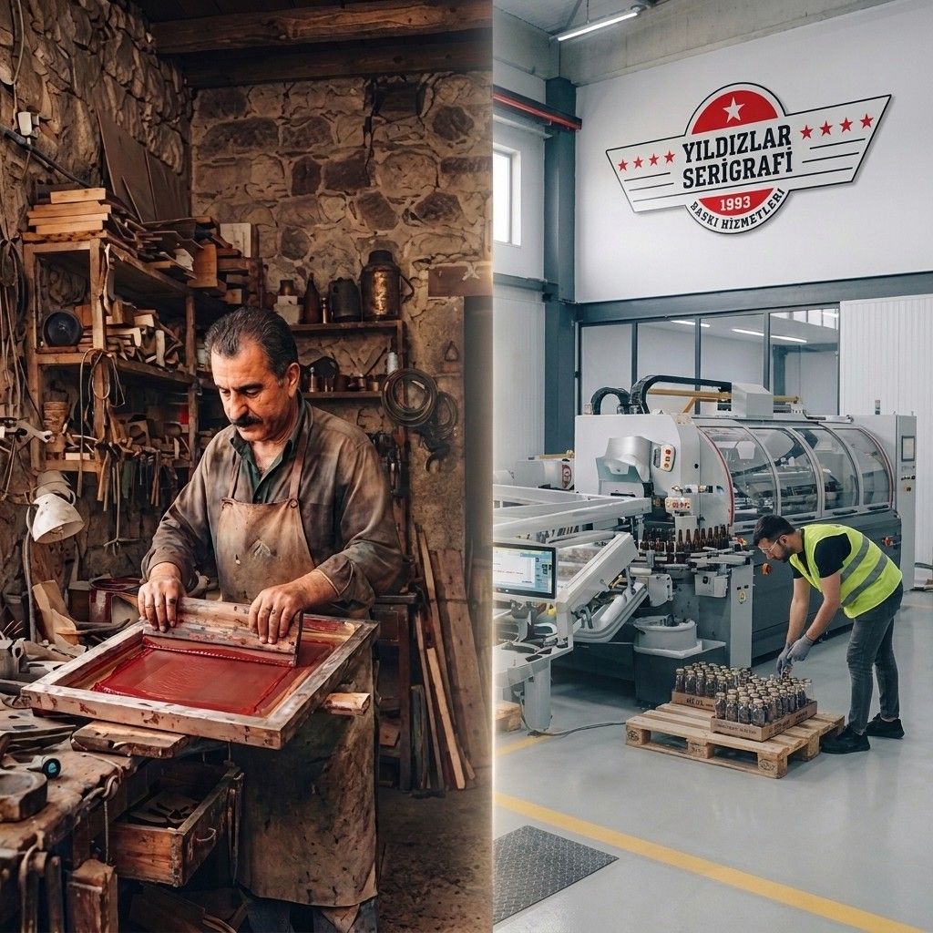 Solda Güngören'deki ilk atölyede kalıp başındaki usta, sağda İkitelli OSB'deki bugünkü üretim tesisi ve Yıldızlar Serigrafi logosu