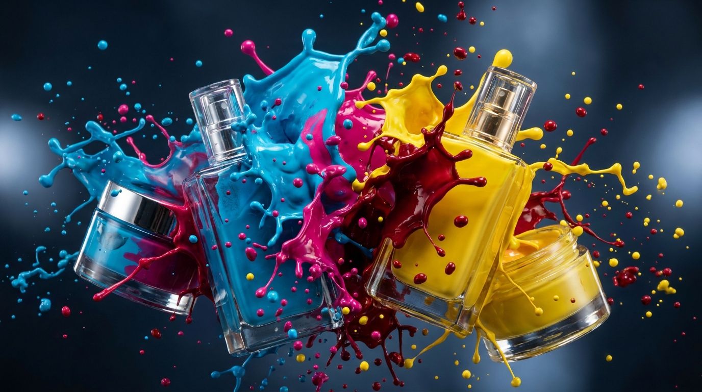 CMYK renklerinde boya sıçramaları içinde cam parfüm şişeleri ve krem kavanozu