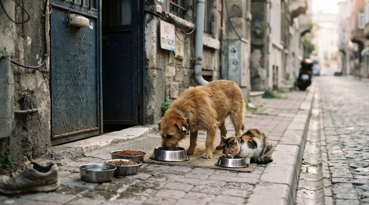 Sokak köpeği ve kedi, tesis girişine konulan paslanmaz mama ve su kaplarından yiyor