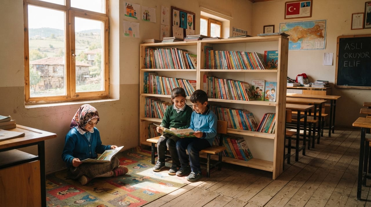 Köy okulunda yeni kitaplıklarla dolu sınıfta kitap okuyan öğrenciler